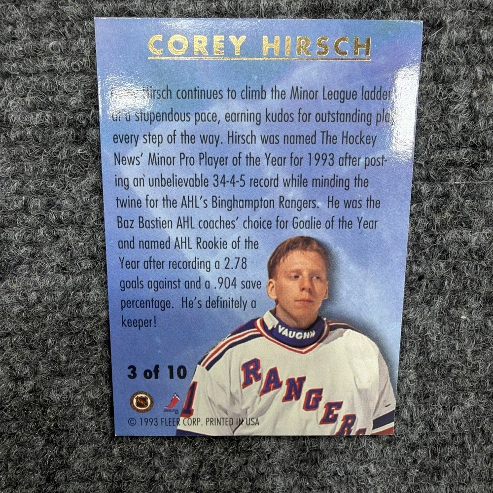1993-94 COREY HIRSCH /10 Rookie Card NHL Rangers All Rookie Series Blue Glacier
